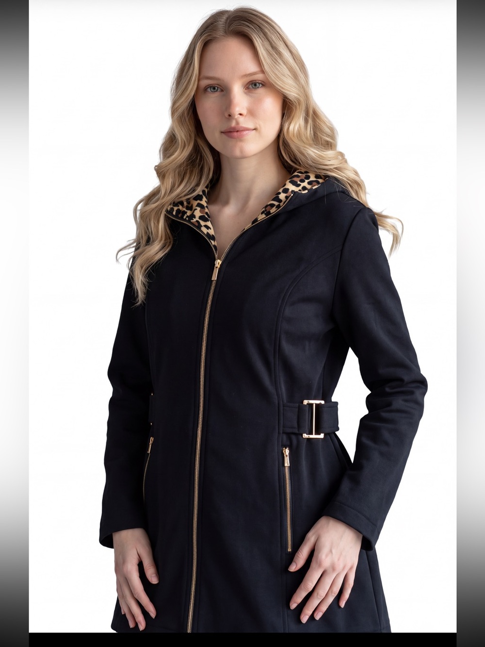 Susan Graver Black Hooded Coat with Leopard-Print Trim Mid-Length